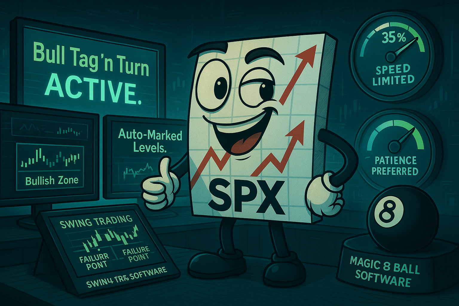 Mr SPX admiring operational swing software with auto-marked levels and systematic trading technology