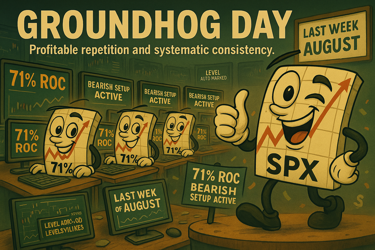 Mr SPX in Groundhog Day trading loop showing systematic repetition leading to consistent profits