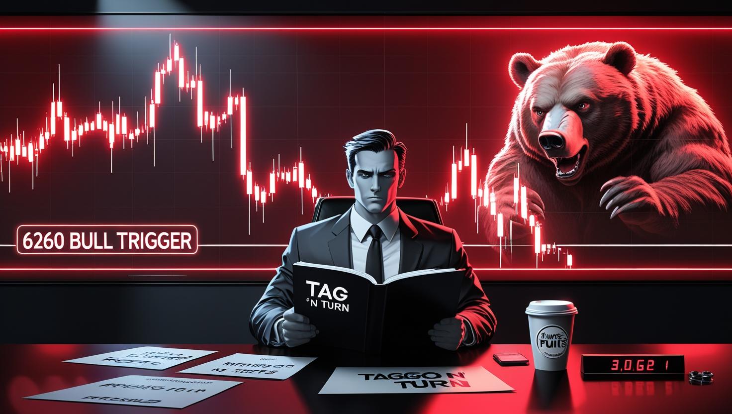 A widescreen digital illustration in AntiVestor Realist Satire style. The scene is set in a modern financial news studio. The anchor desk sits in the foreground, sleek and dark, with a glowing red SPX candlestick chart dominating the wall-sized screen behind it. A dramatic red candle is plunging downward toward a clearly marked level labeled: “6260 BULL TRIGGER” in bold font.