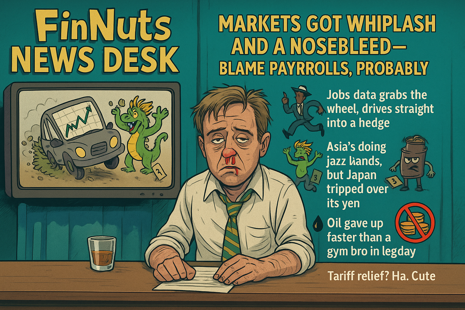 A satirical digital illustration shows the “FinNuts News Desk” with a disheveled male anchor sporting a red nose, undone collar, and a green-striped tie. He looks exhausted and mildly traumatised, clutching a news script while a half-empty whisky glass sits nearby. Behind him, a TV screen shows a cartoon car crashing into a hedge, cheered on by a green dragon with jazz hands. Additional icons depict a stumbling businessman, a barrel with arms looking disappointed, and a crossed-out coin stack. Bold headline reads: “Markets Got Whiplash and a Nosebleed—Blame Payrolls, Probably,” with bullet points summarising chaotic jobs data, Asia market confusion, oil’s drop, and no relief on tariffs. The overall mood is absurd, whimsical, and mocking financial news coverage.