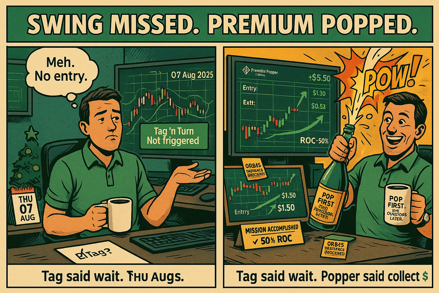 Trader in tactical gear slams a red “PREMIUM” button as a chart behind him shows SPX ORB15 breakout, 50% ROC, and $12.50 move.