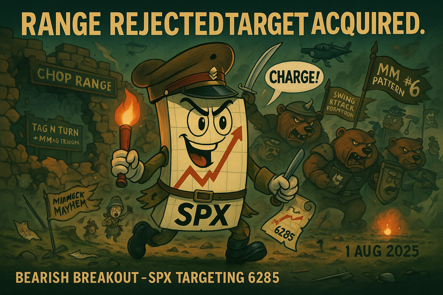 A satirical, widescreen digital illustration titled "Range Rejected. Target Acquired." featuring Mr SPX in a tattered WW1 British captain’s uniform. He holds a flaming red candle torch in one hand and a map marked “6285” in the other, standing before a shattered brick wall labeled “Midweek Mayhem.” Behind him, cartoon bears in tactical gear charge across a smoky battlefield with flags reading “MM Pattern #6” and “Swing Attack Formations.” Breakout Target flags are planted at 6325 and 6285. Bonus details include a squirrel in a 0-DTE helmet saluting, a scroll-carrying intern yelling “The pullback broke!”, and bulls in a cage clutching broken fib tools. A chalkboard in the rubble reads “Tag ’n Turn ➝ MM#6 Trigger.” Title text at the top reads "Range Rejected. Target Acquired." with a subtext banner: “Bearish Breakout – SPX Targeting 6285 – 01 Aug 2025.”
