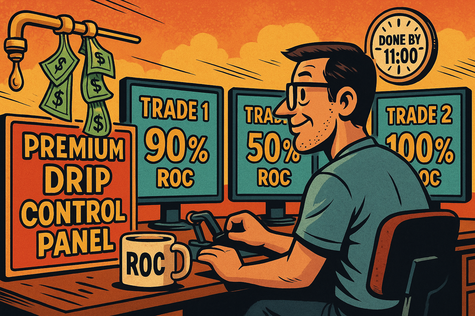  Comic trader monitoring 3 SPX income trades with full ROC results displayed.