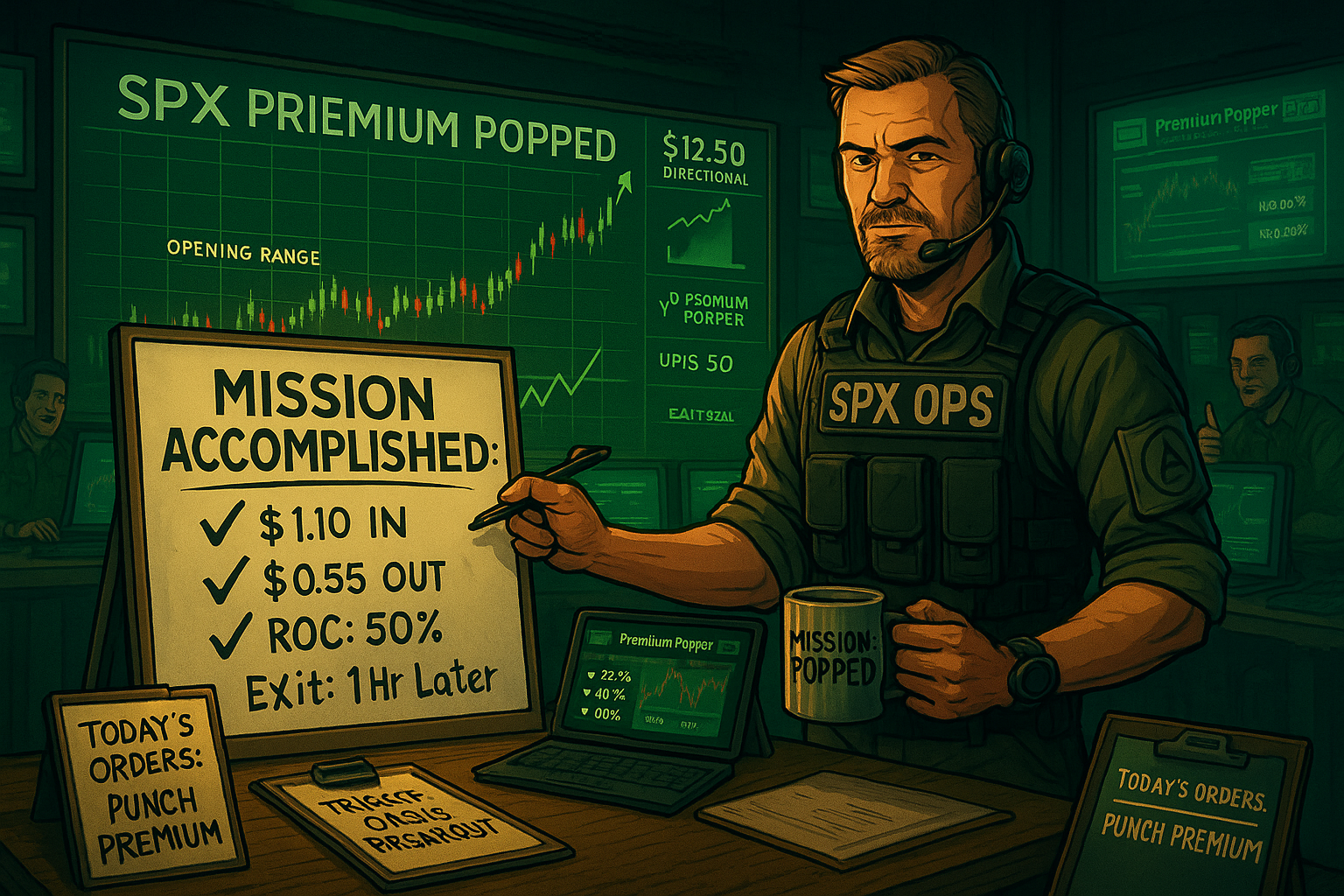 In a dark, military-style SPX operations room, a tactical team leader in a vest labeled “SPX OPS” stands beside a glowing whiteboard marked “MISSION ACCOMPLISHED”. The whiteboard lists: \$1.10 IN, \$0.55 OUT, ROC: 50%, Exit: 1 Hr Later. Behind him, a massive glowing SPX chart shows the Premium Popper ORB15 breakout, \$12.50 directional move, and software stats. Desks are cluttered with strategy notes, tablets, and tactical mugs. Lighting is moody green and amber. Mood is strategic confidence. Visual style blends comic-book clarity with dark ops realism.