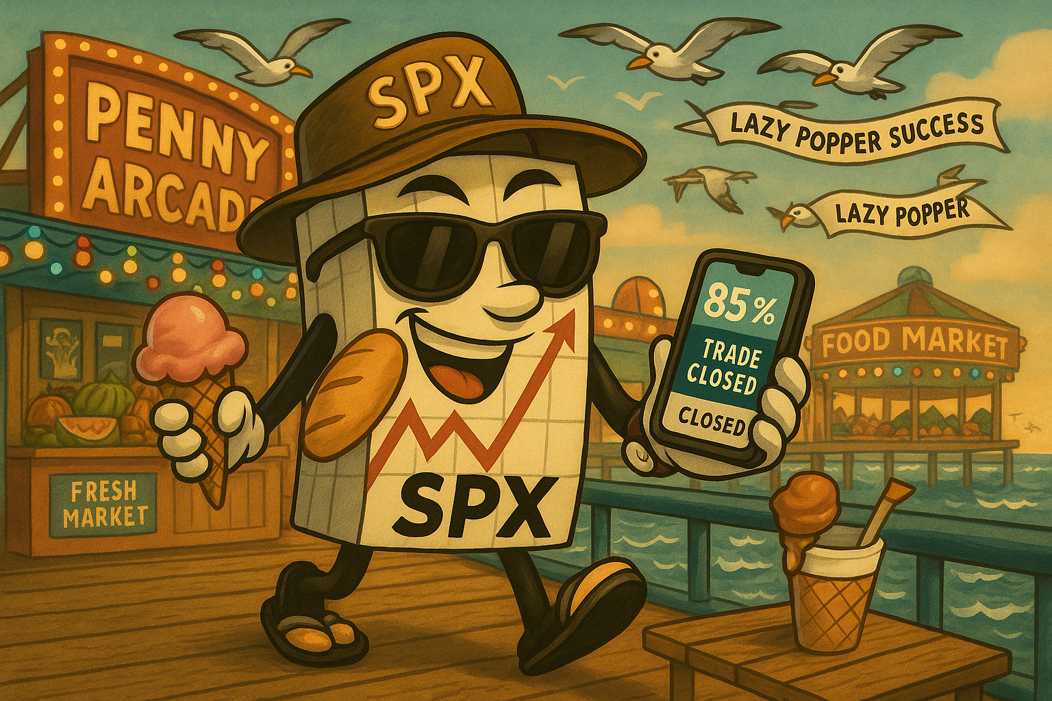 Mr SPX successfully trading from pier location with ice cream and mobile phone showing profitable trade closure
