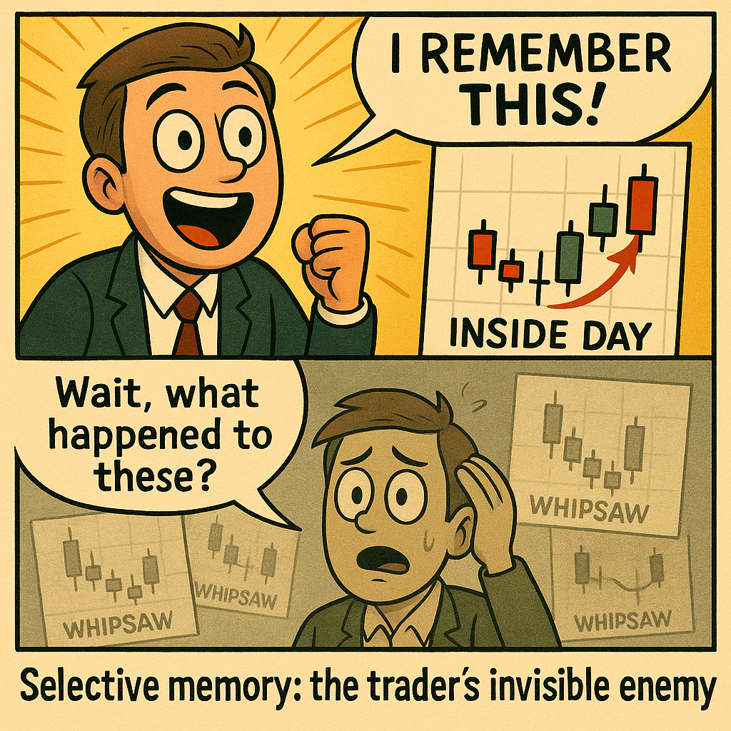 Comic meme illustrating selective memory bias in inside day pattern trading expectations