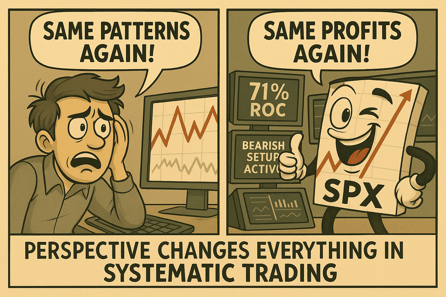 Comic meme about perspective differences between frustrated and systematic traders during repetitive markets