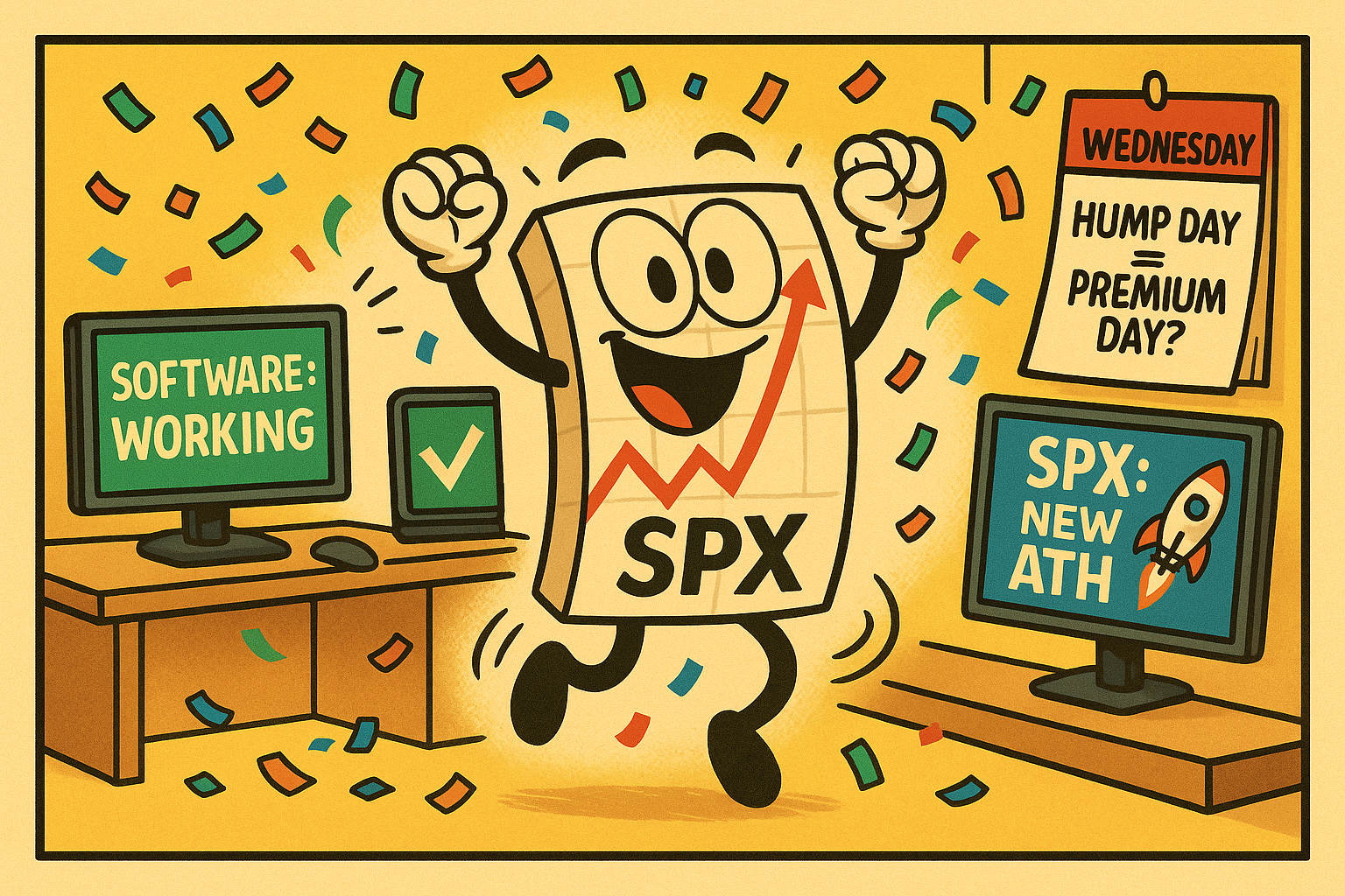 Comic celebration of working software coinciding with market hitting fresh all-time highs