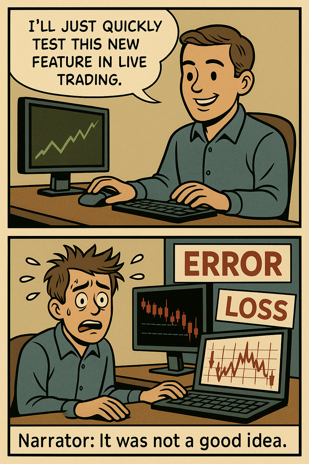 Comic meme about the dangers of testing software features in live trading environments