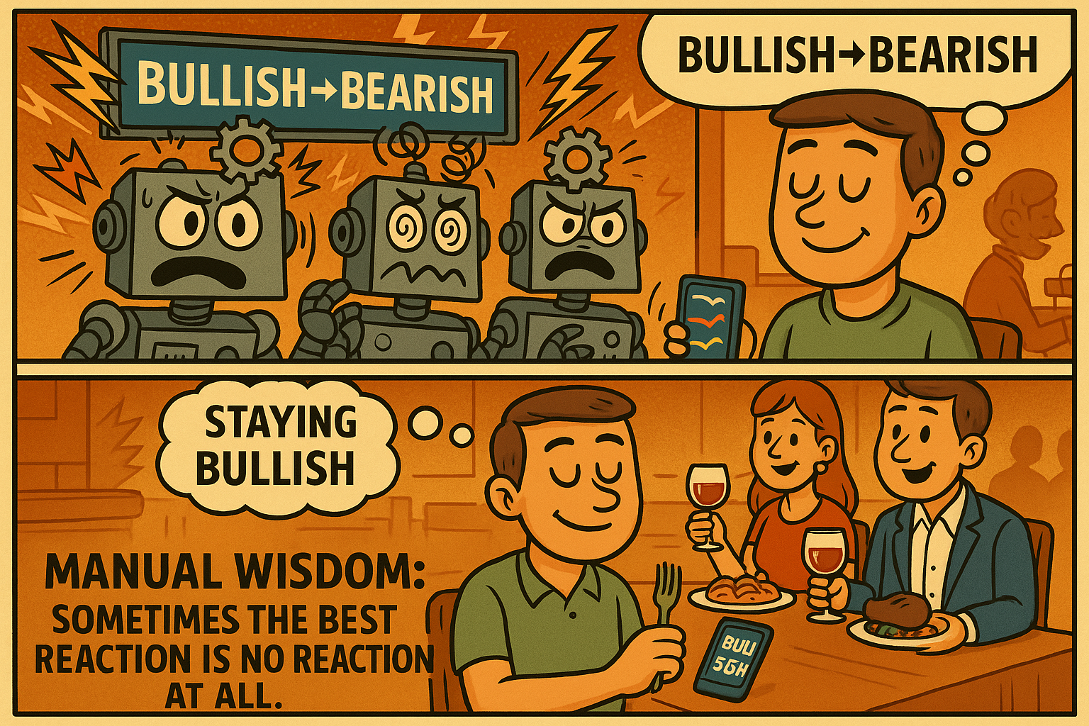 Comic comparison of algorithmic whiplash reactions versus calm manual positioning during signal noise
