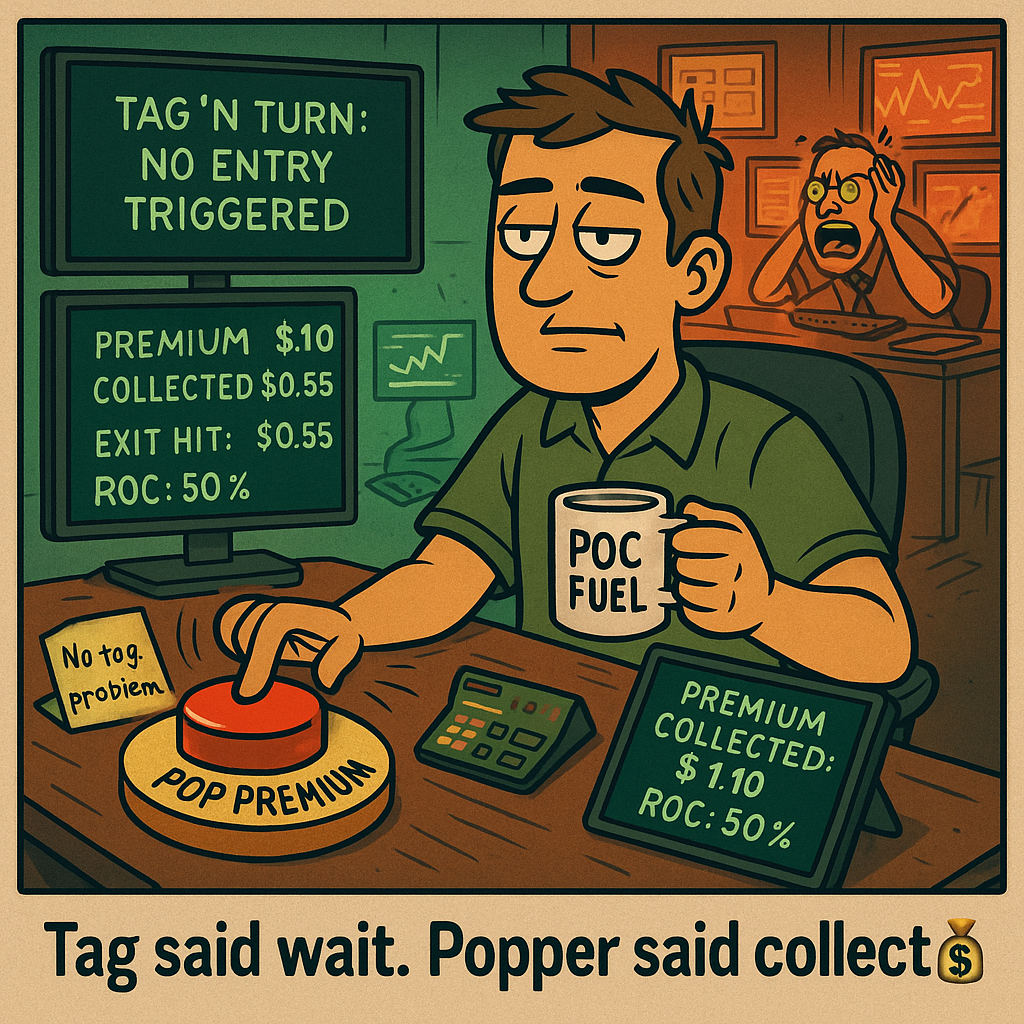 Cartoon shows calm trader hitting a big “POP PREMIUM” button while another panics over missed trades and cluttered indicators.