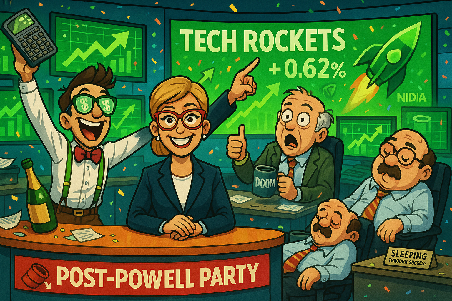 FinNuts newsroom celebrating tech sector surge with characteristic individual reactions to market euphoria