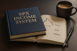 Professional mockup of the SPX Income System book open on a desk, showing candlestick charts and rules, with a coffee cup beside it.