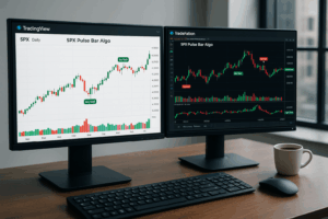 Trading workstation with dual monitors showing SPX algo signals on TradingView and TradeStation charts in a modern professional setting.