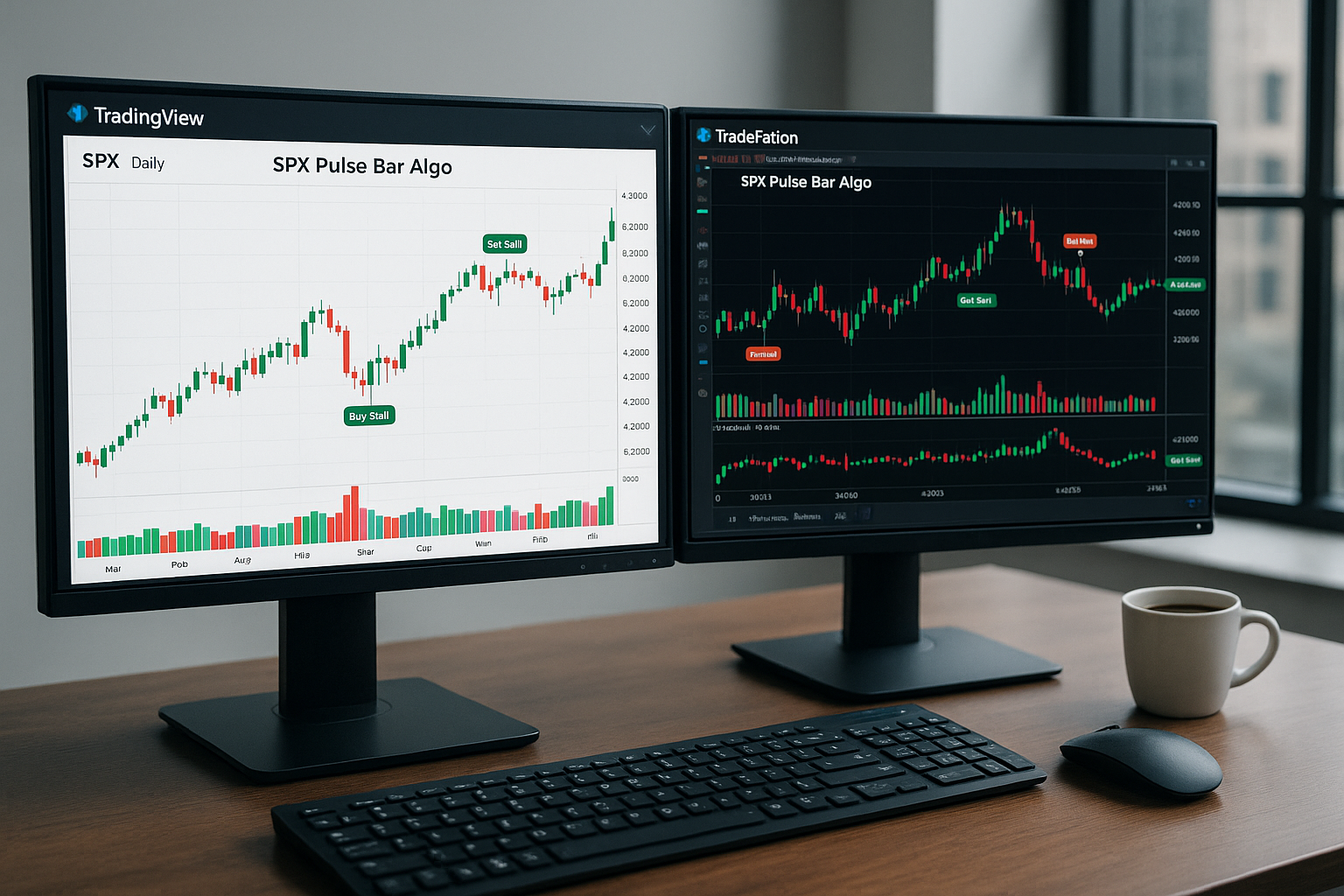 Options 2 - Algo Trading workstation with dual monitors showing SPX algo signals on TradingView and TradeStation charts in a modern professional setting.