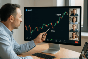Professional mentorship session with coach pointing at live SPX candlestick chart on screen while traders follow along on laptops.