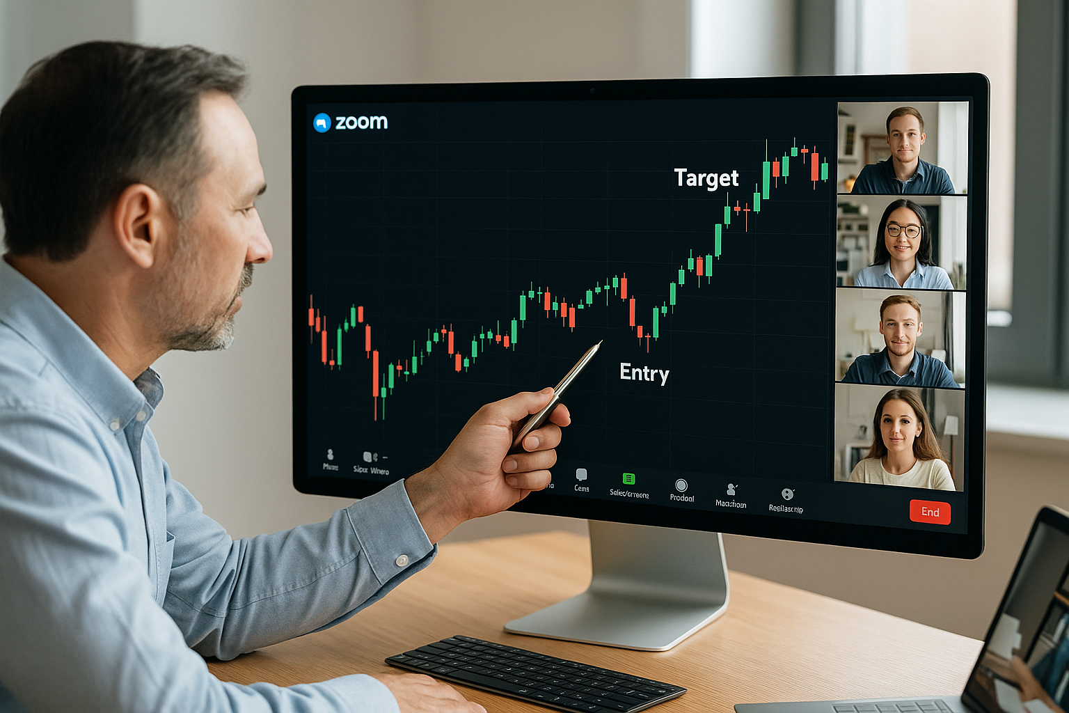 Options 3 - Mentor Professional mentorship session with coach pointing at live SPX candlestick chart on screen while traders follow along on laptops.