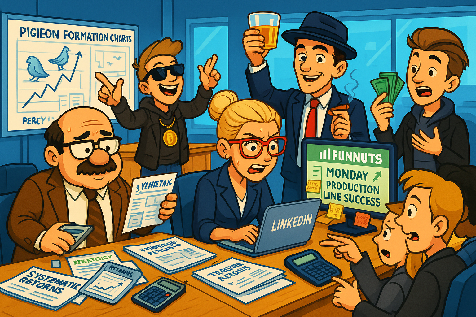 Financial Nuts newsroom celebrating systematic trading success with each character reacting in their signature style
