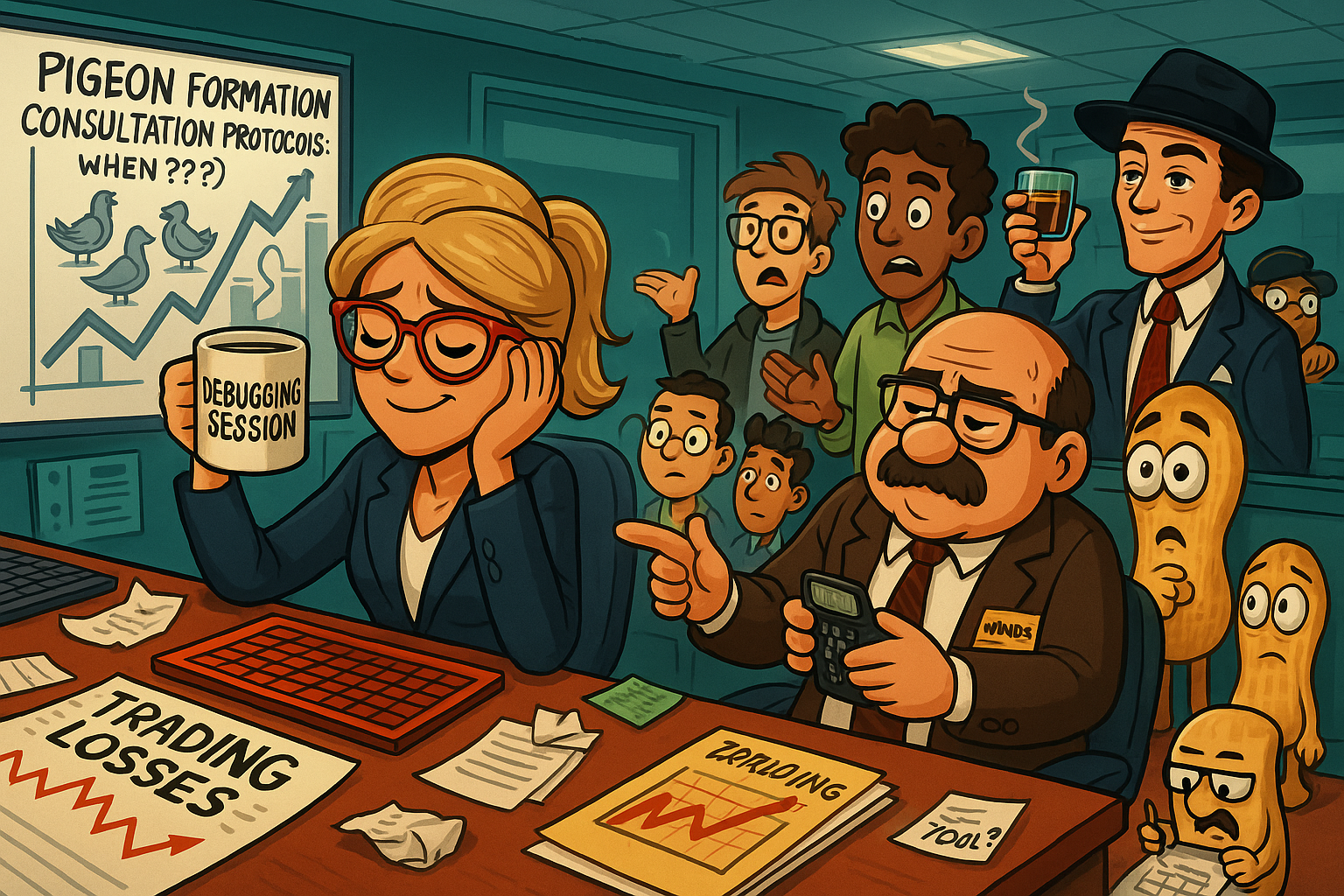 Financial Nuts newsroom processing mixed trading results with characteristic individual reactions