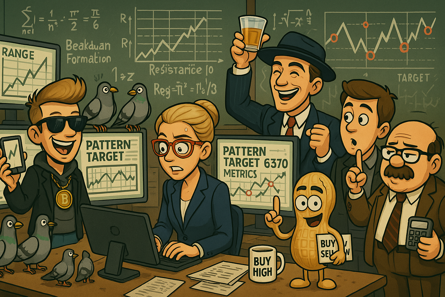 Financial Nuts newsroom celebrating systematic pattern activation with characteristic individual reactions