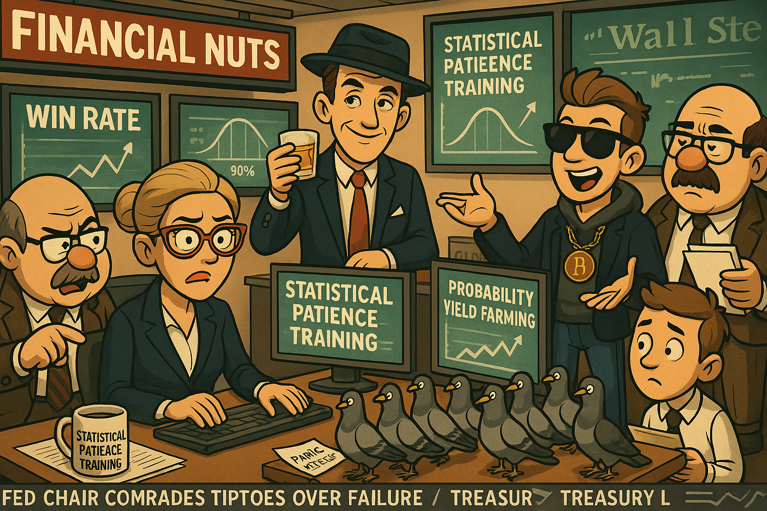 Financial Nuts newsroom teaching statistical reality through pigeon demonstrations and trader education protocols