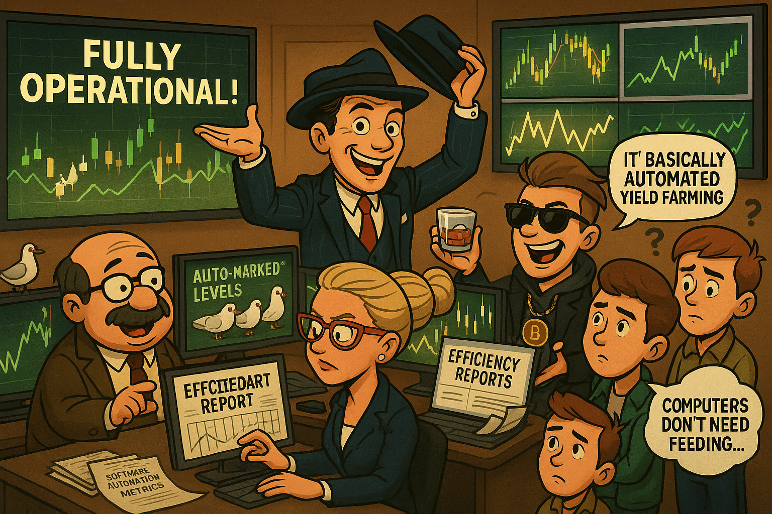 Financial Nuts newsroom celebrating operational trading software with characteristic individual reactions