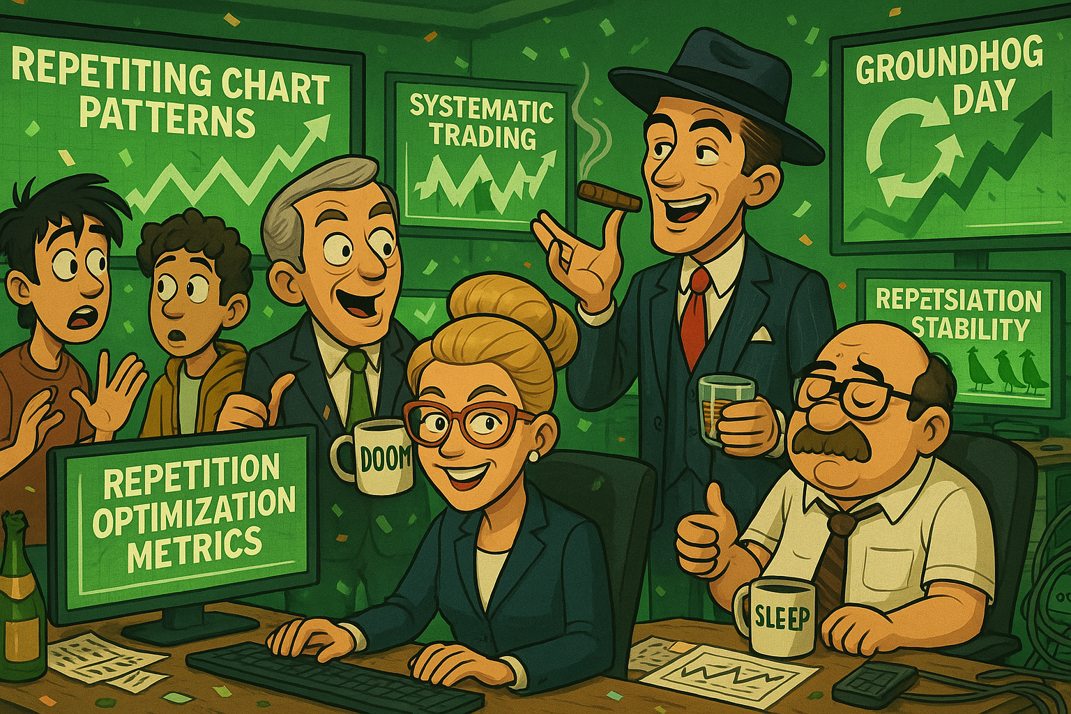 Financial Nuts newsroom analyzing Groundhog Day market repetition with characteristic individual reactions