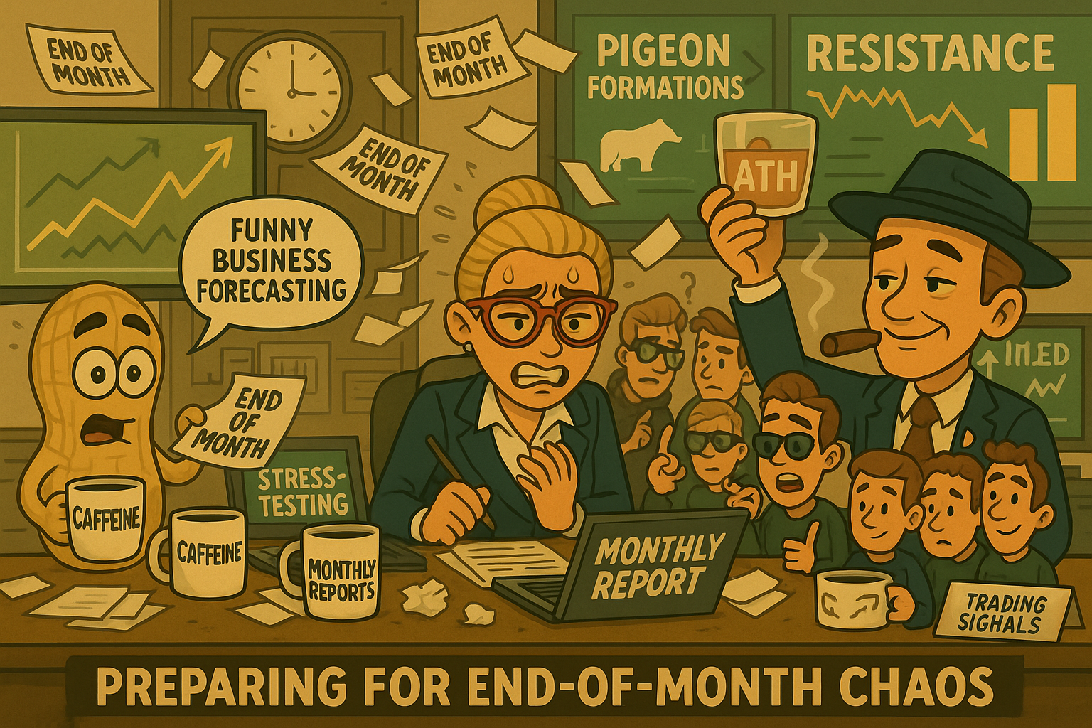 Financial Nuts newsroom preparing for end-of-month trading chaos with characteristic individual reactions