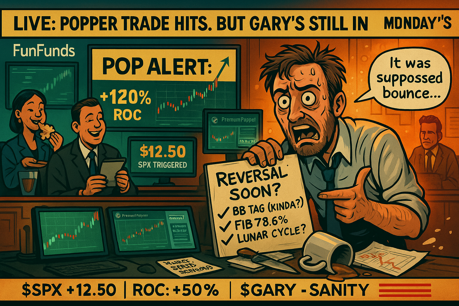 Metaphor: Holding a late trade too long turns you into the conspiracy guy in a financial newsroom Scene: Breaking-news-style chaos, charts everywhere, one analyst melting down Contrast: Calm analysts vs one unravelling swing trader