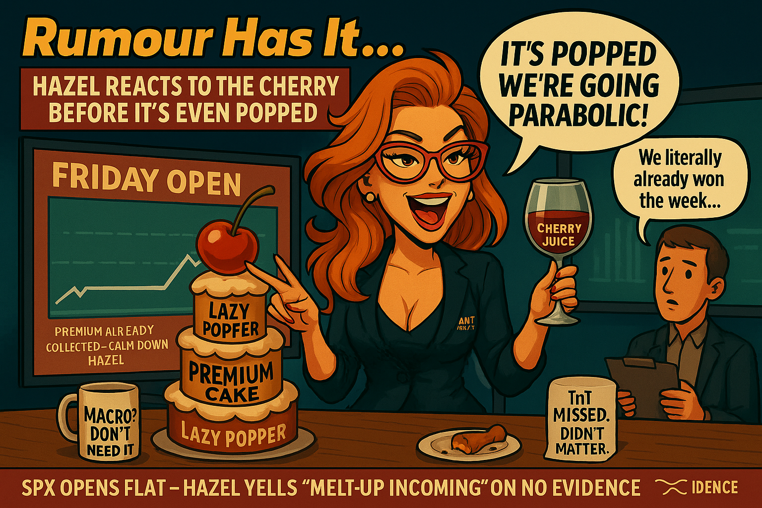 A comic-style financial newsroom scene starring Hazel, the host of FunNuts LIVE. Hazel sits dramatically on a “premium cake” desk, yelling “It’s Popped! We’re Going Parabolic!” while pointing at a flat SPX chart with an untouched cherry icon labeled “Friday Open.” She holds a wine glass labeled “Cherry Juice.” The background shows calm charts, a random ADD meter, and a screen reading “Premium Already Collected – Calm Down, Hazel.” A side character whispers, “We literally already won the week…” Mood: over-the-top satire. Palette: cherry reds, gold, tactical grey.