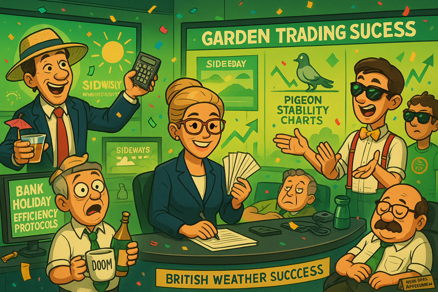 Financial Nuts newsroom celebrating systematic garden trading success with summer theme