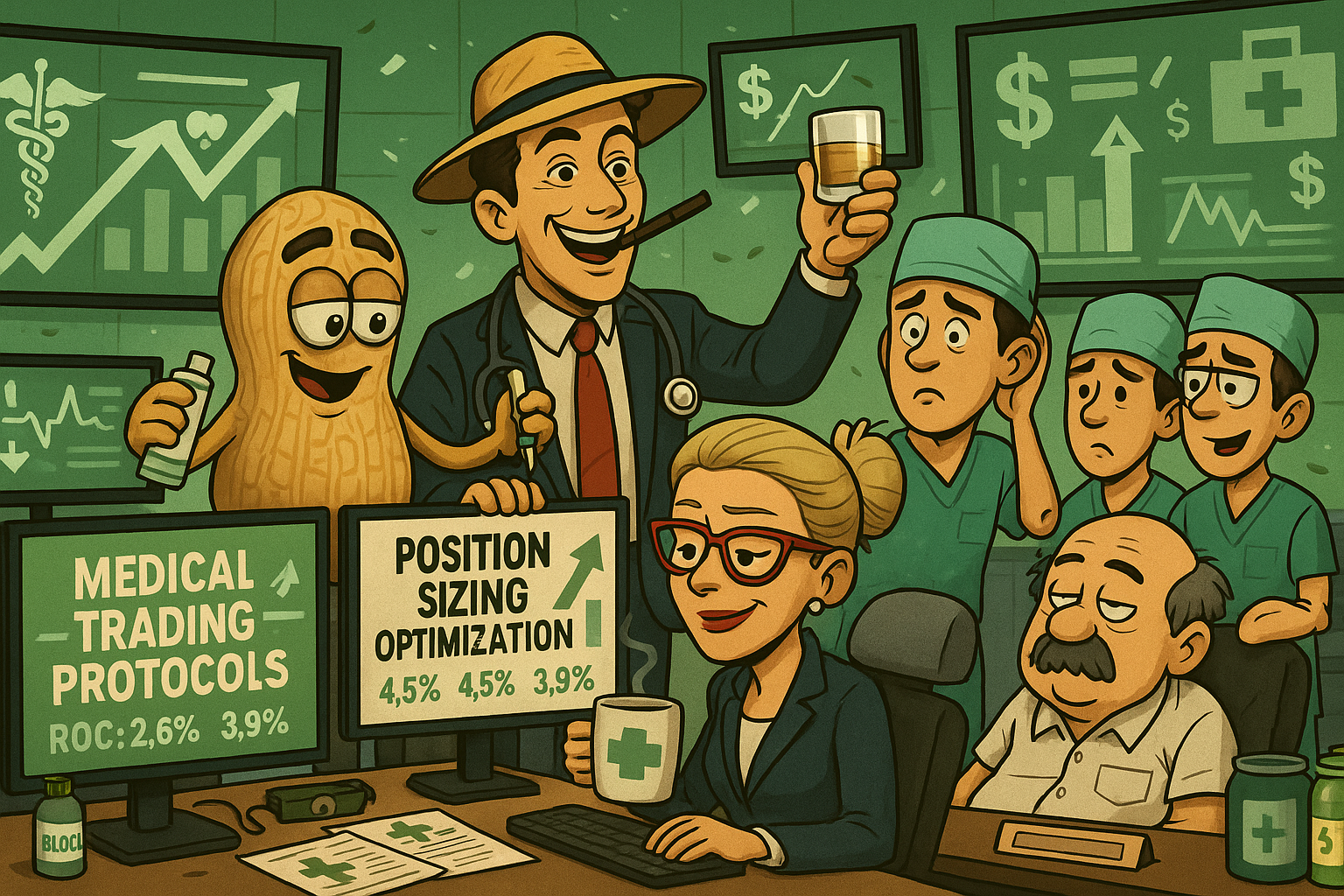 Financial Nuts newsroom celebrating systematic trading during medical appointments with characteristic professional analysis