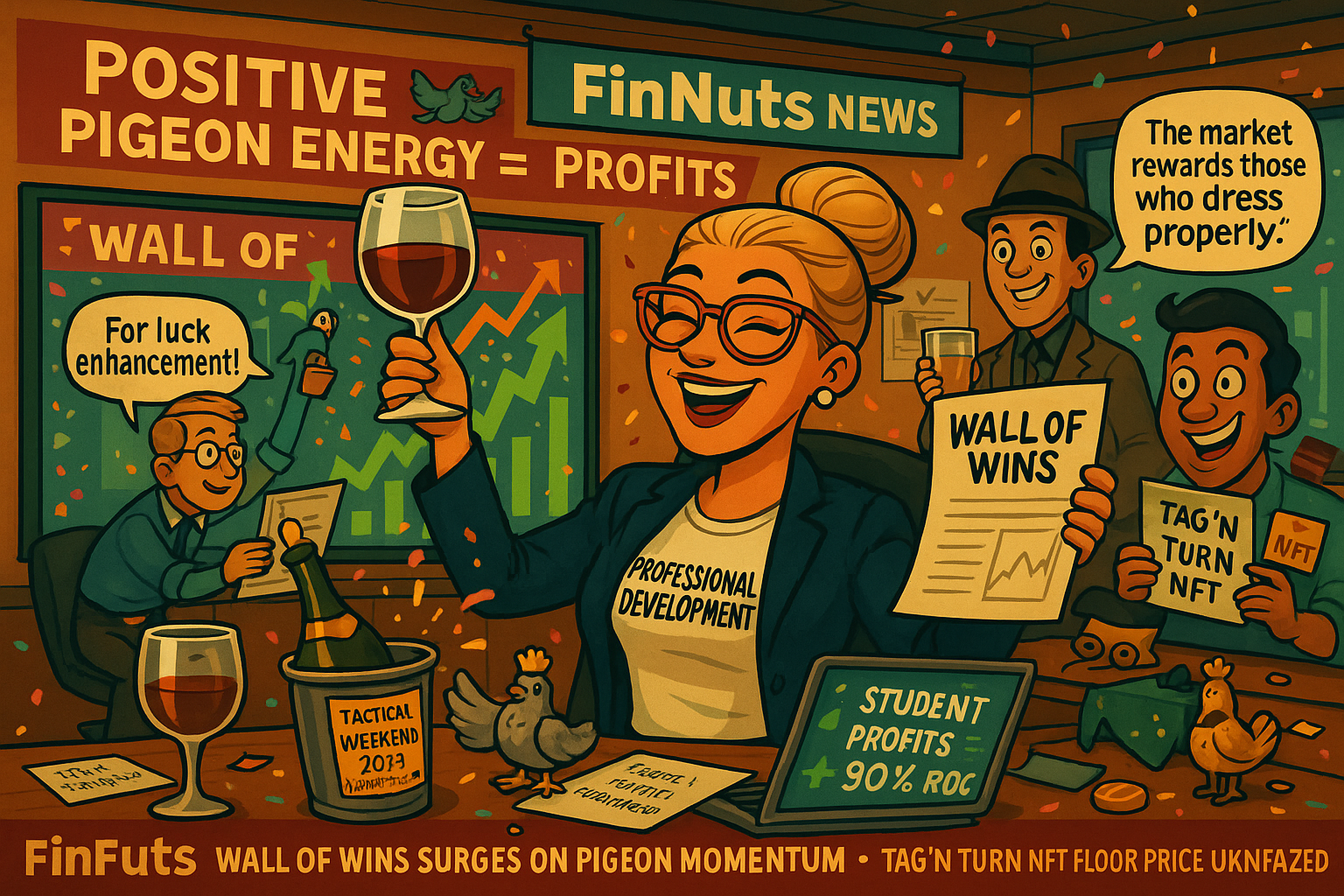 A satirical FinNuts newsroom scene shows Hazel mid-toast, wine glass in hand, celebrating the “Wall of Wins” on a giant profit-filled screen. Percy sprinkles breadcrumbs on the windowsill for “positive pigeon energy,” Kash shows off NFT market levels, and Mac swirls whisky in a fedora. The desk is cluttered with celebration props, wine bottles, and gold pigeon figurines, while a news ticker delivers absurd finance headlines.