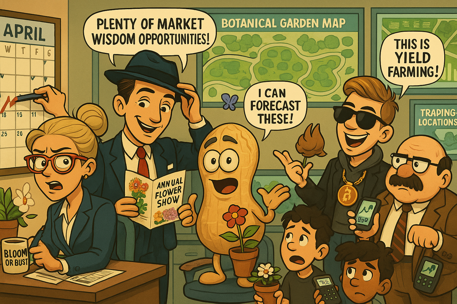 Financial Nuts newsroom planning flower show trading expeditions with characteristic individual reactions