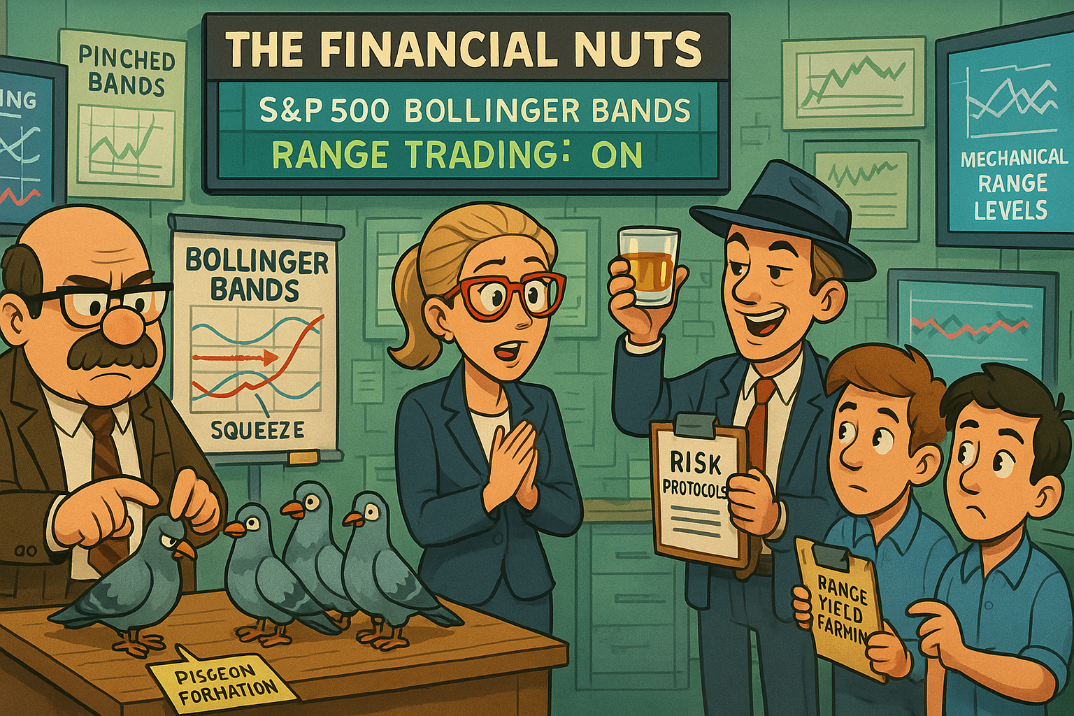 The Financial Nuts newsroom satirizes today’s markets: Hazel golf claps at flat futures, Percy clutches a locked wallet, Kash confuses interns with tariff charts, Mac eats a lonely lunch muttering about vampire earnings, and Wallie groans at energy bills. Background gags include obedient gold, snoozing yields, and back-to-school debt props.