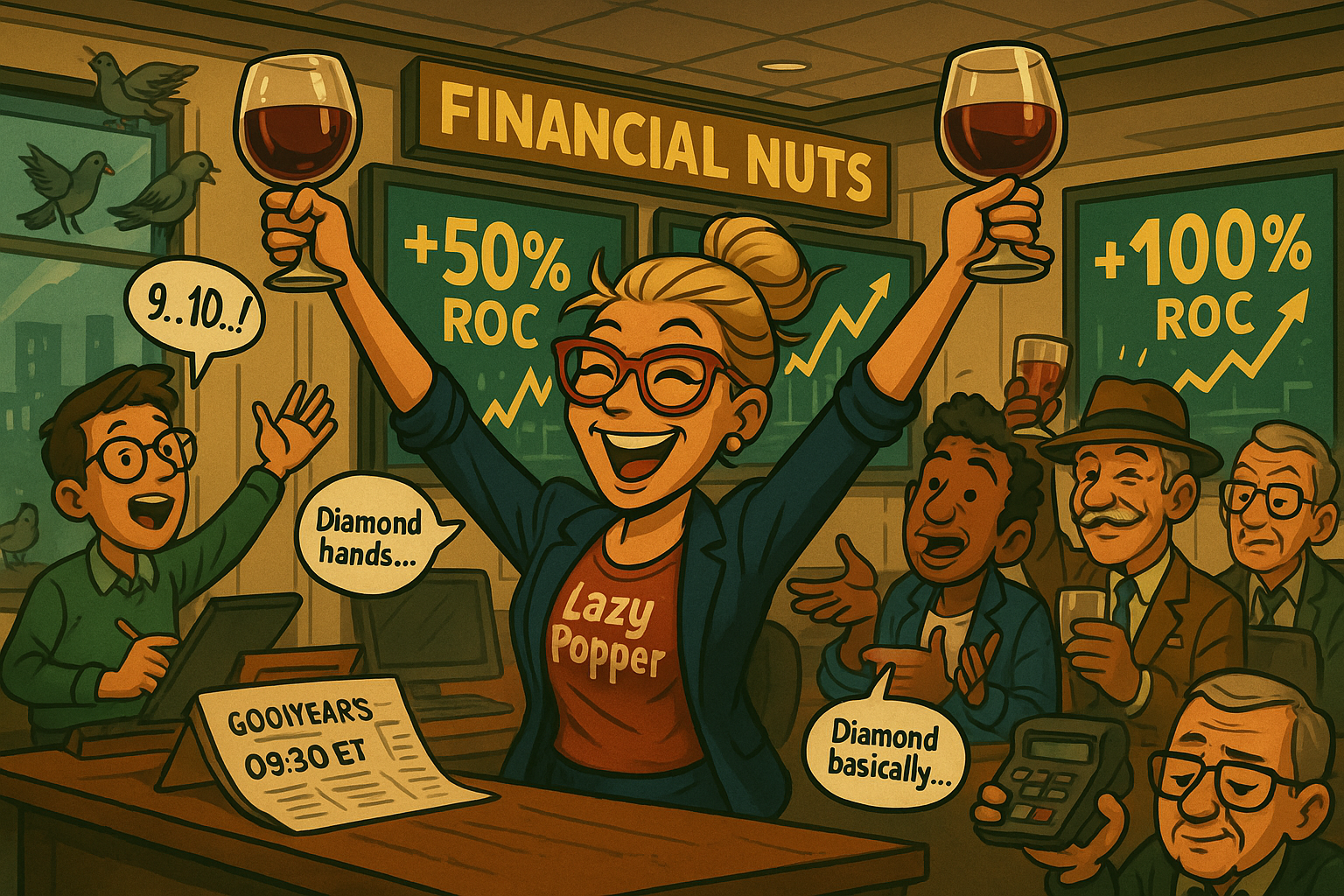 Financial Nuts newsroom celebrating successful trade executions with each character reacting in their signature style
