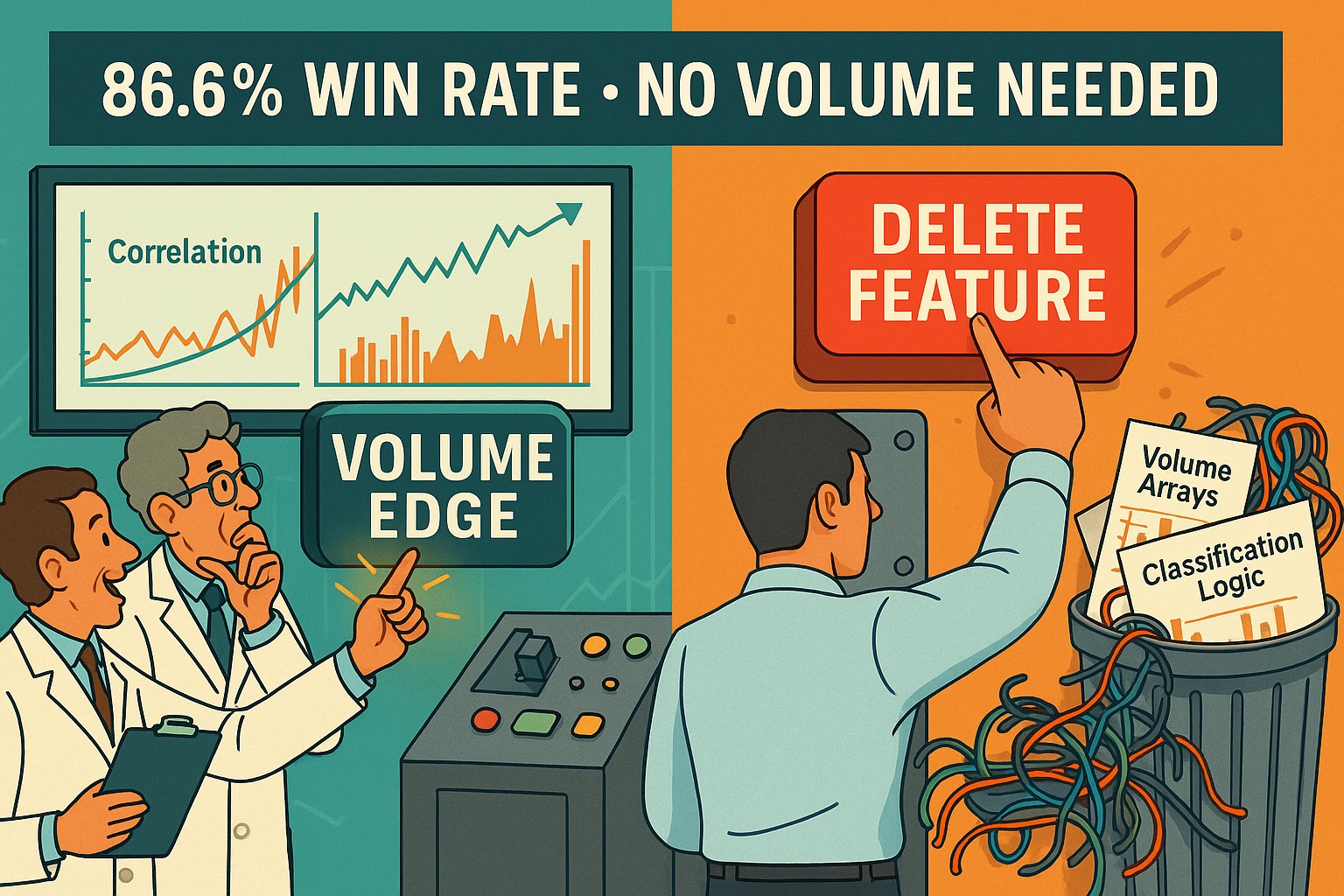 A satirical collage showing volume analysis research discarded for cleaner system performance.