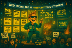 Wall of Wins celebration with systematic success triumphing over market drama and news headlines