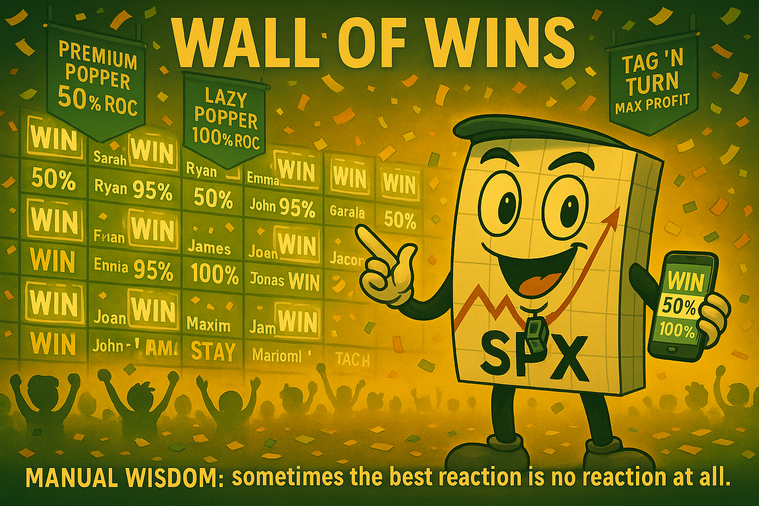 Celebration wall displaying student trading wins with Mr SPX as proud systematic coach