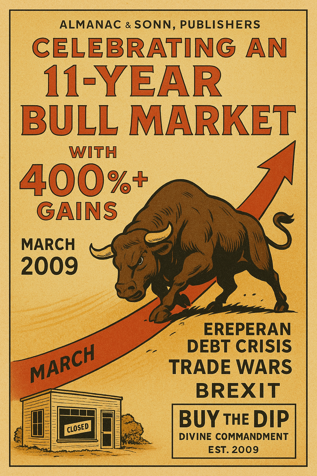 Vintage poster celebrating the historic 11-year bull market from 2009-2020 with 400%+ gains and obstacles overcome