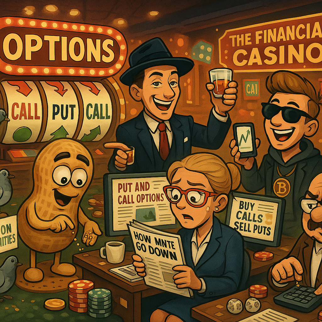 Mr SPX as a casino dealer in Caesar’s Palace beside giant slot machines labeled “CALL” and “PUT.” Traders pull levers with mixed reactions—some losing everything into a “100% LOSS” pit, others cheering small wins. A glowing machine labeled “SYSTEMATIC PREMIUM SELLING” steadily pays out theta decay coins. Wrestling-style posters advertise “Iron Condor” and “Butterfly Spread.” Neon casino lights highlight the chaotic gambling vibe of options trading.
