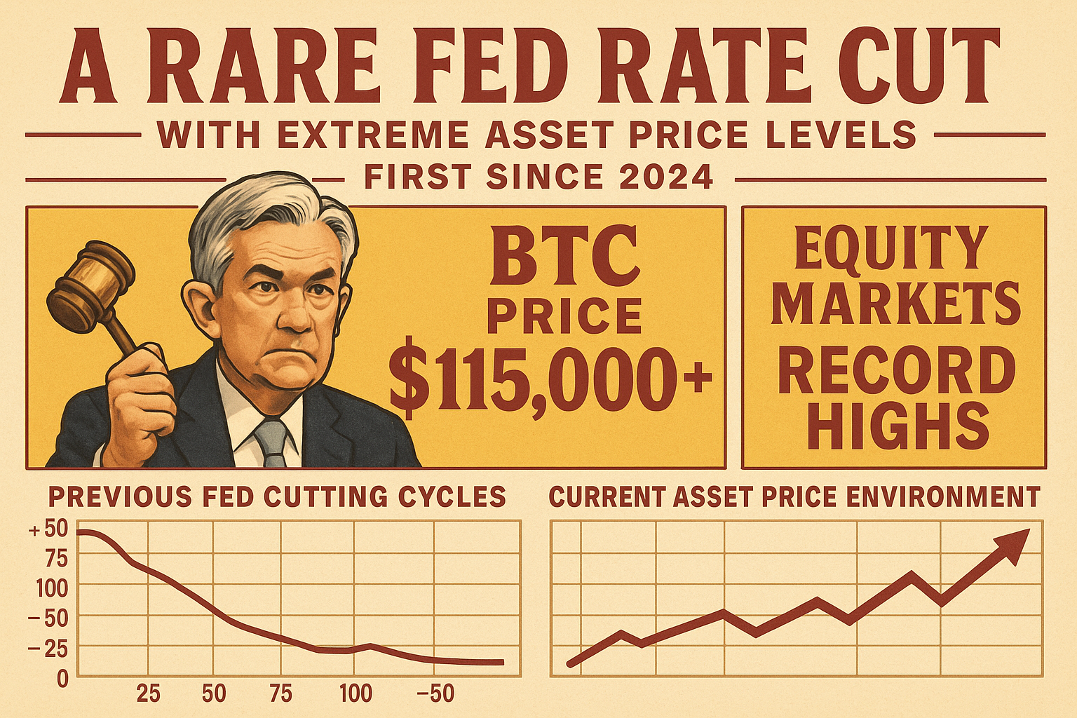 Vintage infographic showing rare Fed rate cut timing with BTC above $115k and equities at record highs