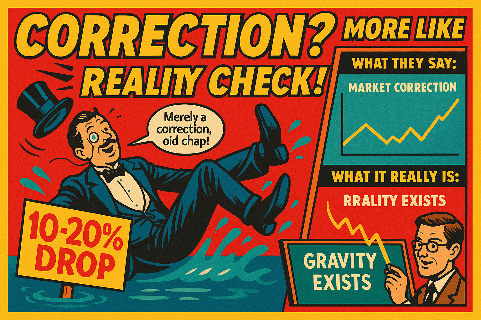 poster illustrating market correction euphemisms with dignified gentleman maintaining composure during financial reality check