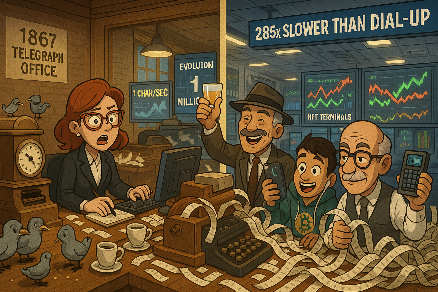 The stock ticker, invented in 1867, transmitted prices over telegraph lines at 1 character per second. Today's high-frequency trading would have taken roughly forever!