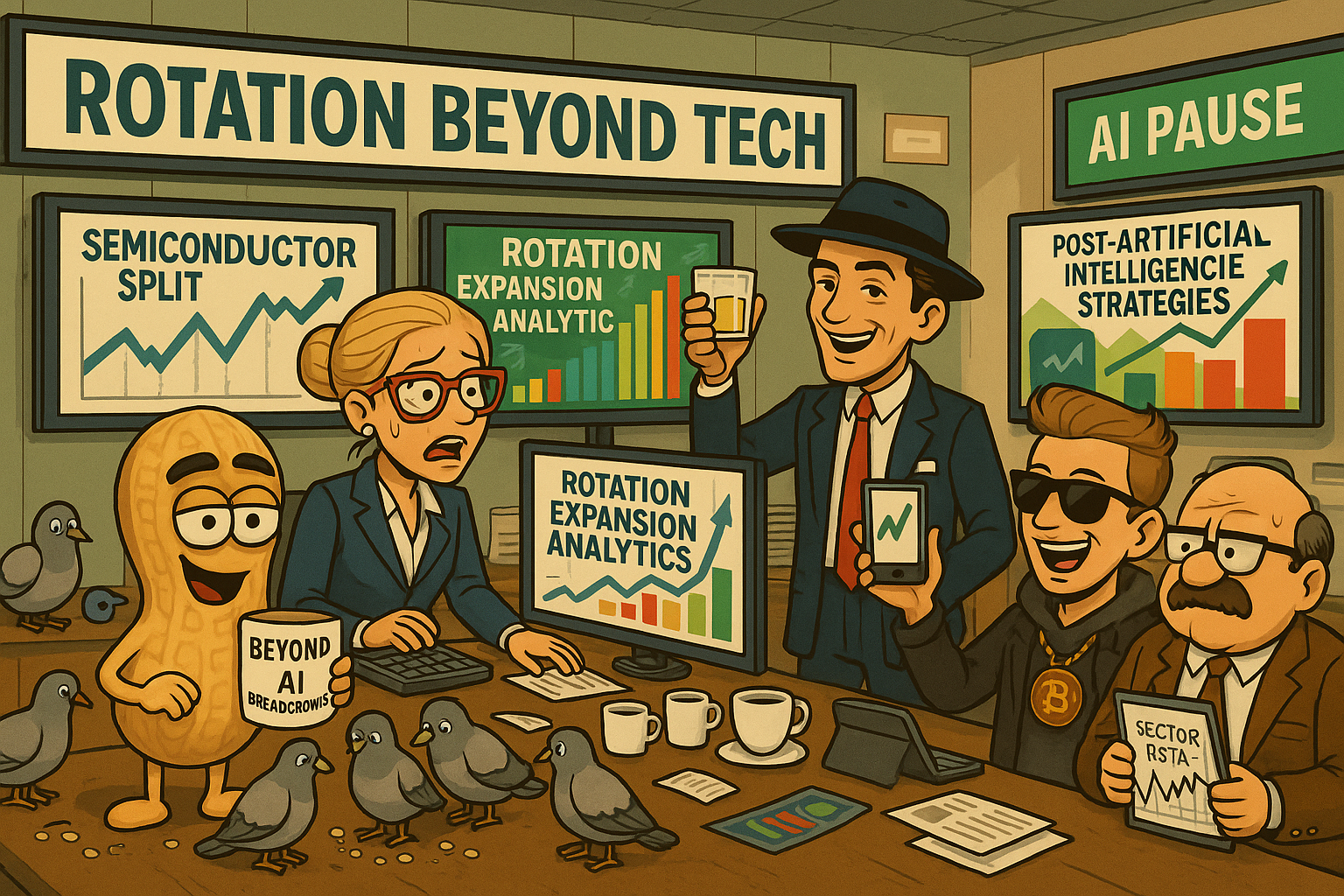 Financial Nuts newsroom analyzing market rotation beyond AI with characteristic individual responses to sector diversification