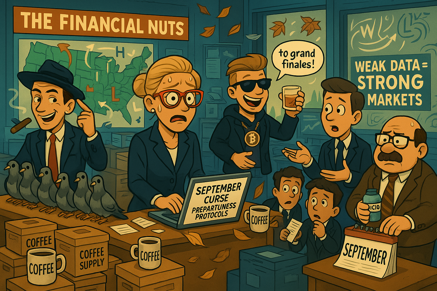 Financial Nuts newsroom preparing for September seasonal transitions with characteristic individual reactions