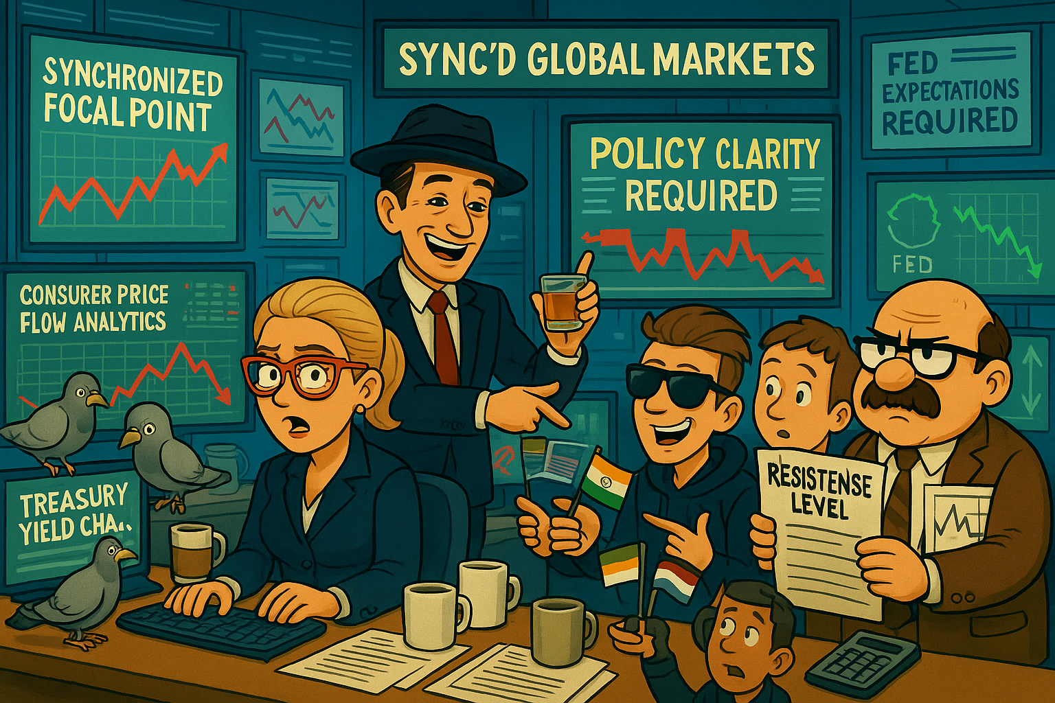 Financial Nuts newsroom managing global market synchronization with characteristic individual responses to international monetary coordination