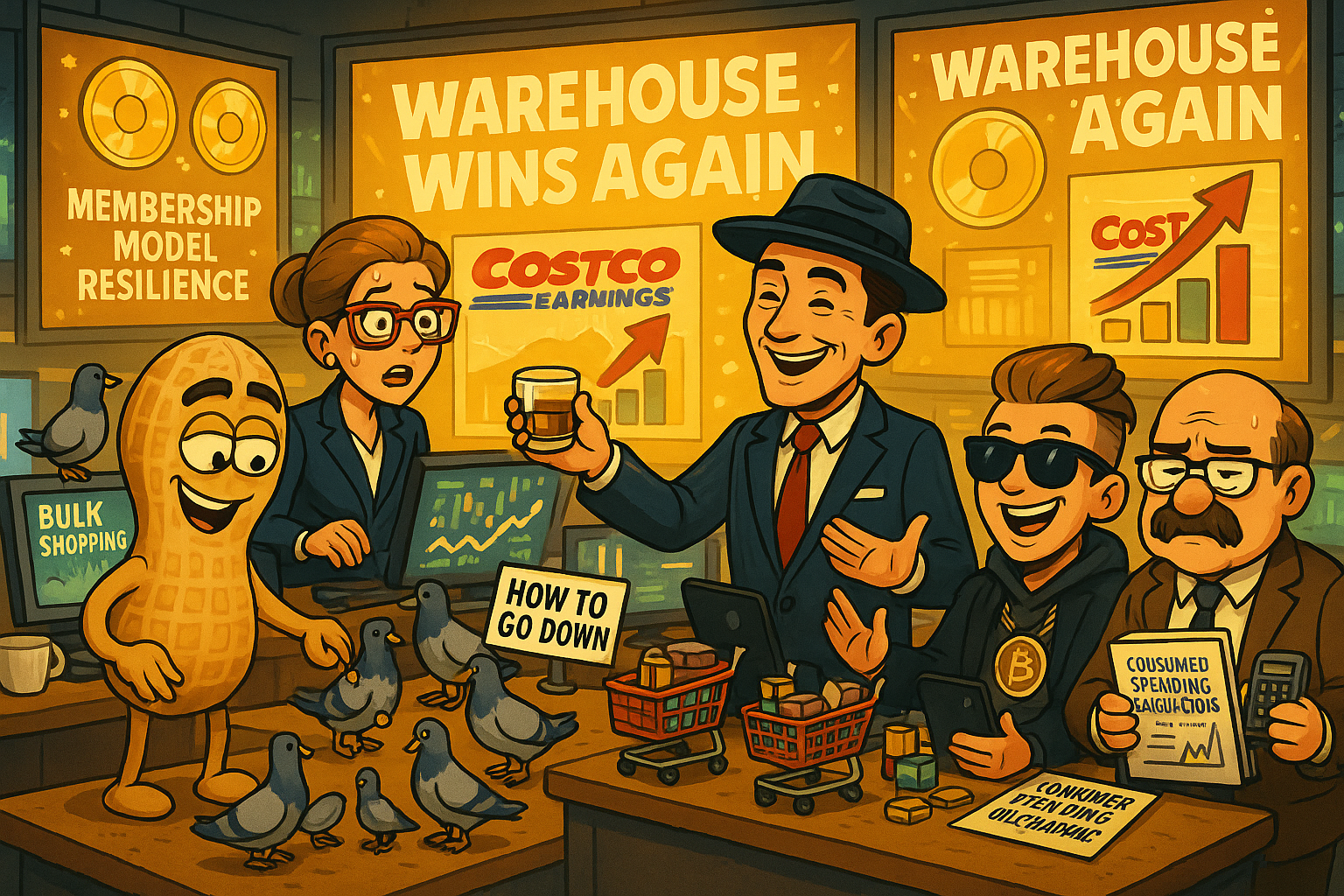 Financial Nuts newsroom analyzing Costco earnings success with characteristic individual responses to warehouse retail dominance