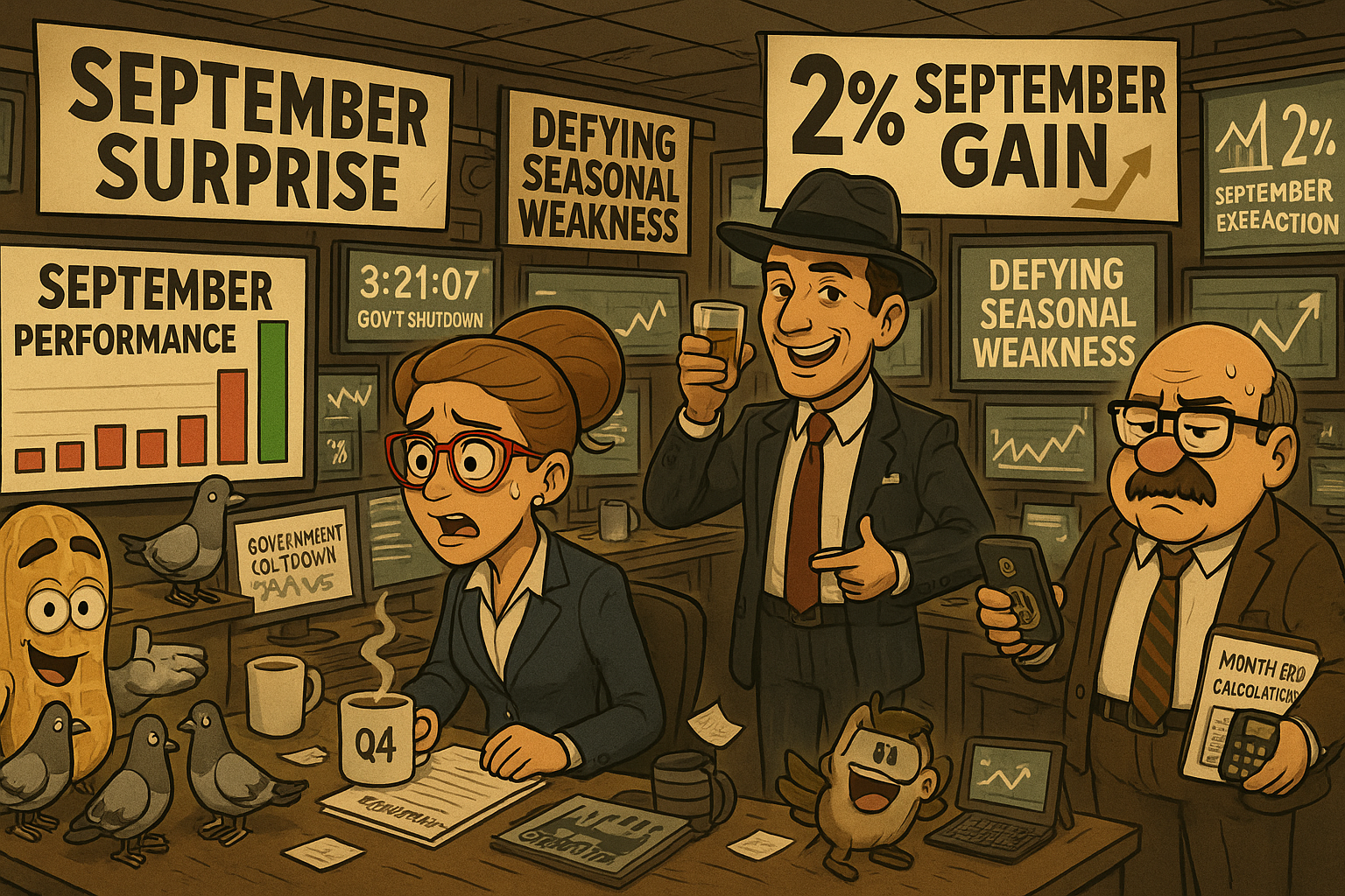 Financial Nuts newsroom managing month-end positioning chaos with characteristic individual responses to September's unexpected strength