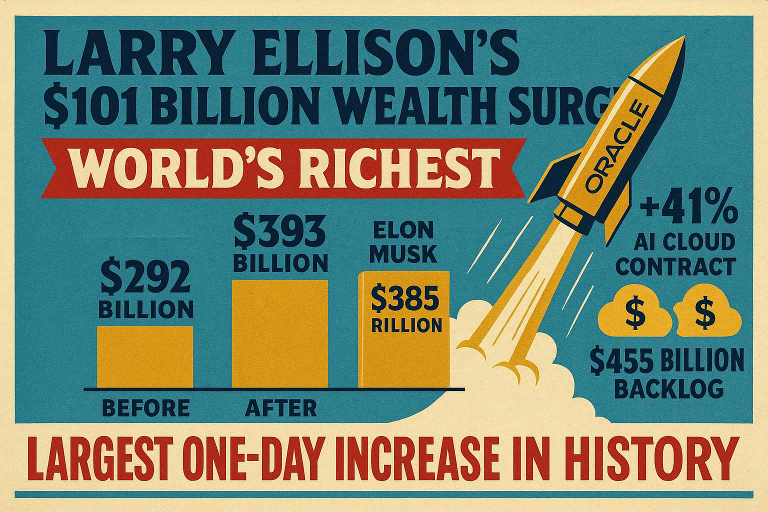 Vintage-style chart documenting Larry Ellison's historic wealth surge and brief overtaking of Elon Musk as world's richest person